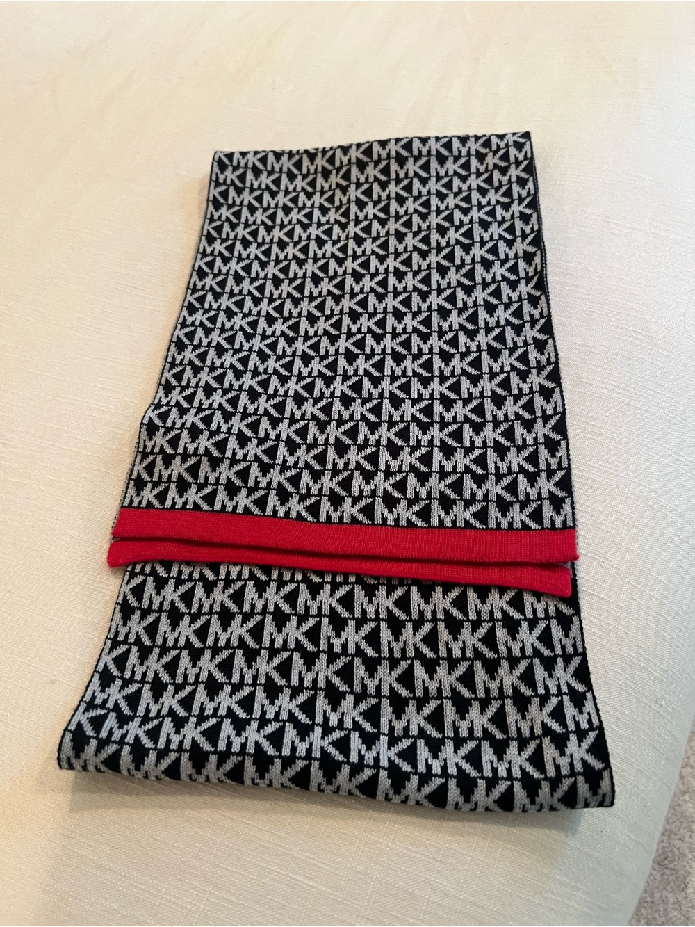 Michael Kors Black & White MK Logo Scarf with Red Edge
